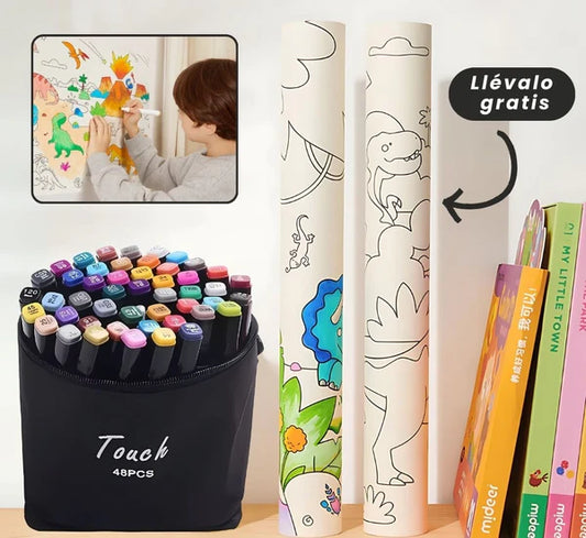 Combo Artístico: 48 Marcadores Touch + Papel Graffiti de 3 Metros
